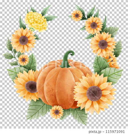 Watercolor Hand drawn illustration Rustic watercolor autumn pumpkin sunflower marigold flowers maple foliage fall wreath Arrangement. 115971091