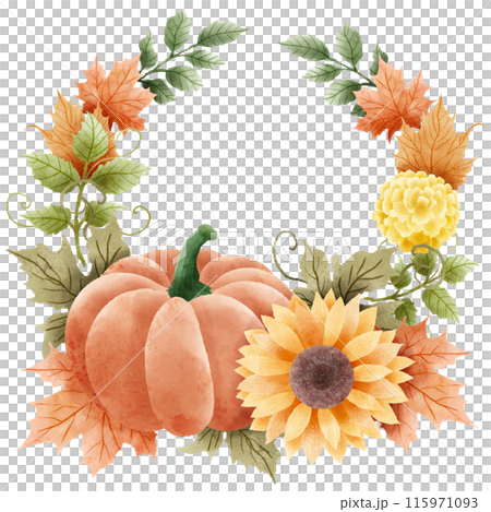 Watercolor Hand drawn illustration Rustic watercolor autumn pumpkin sunflower marigold flowers maple foliage fall wreath Arrangement. Watercolor Hand drawn illustration Rustic watercolor autumn pumpkin sunflower marigold flowers maple foliage fall wreath Arrangement. 115971093