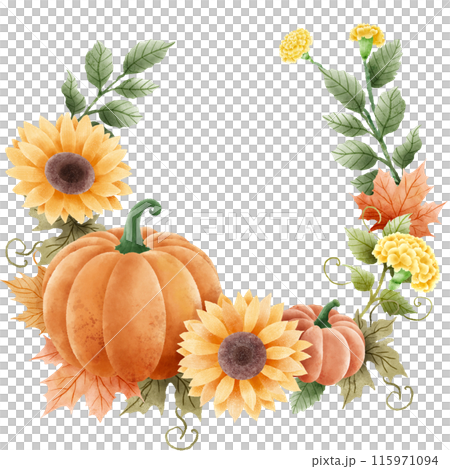 Watercolor Hand drawn illustration Rustic watercolor autumn pumpkin sunflower marigold flowers maple foliage fall wreath Arrangement. Watercolor Hand drawn illustration Rustic watercolor autumn pumpkin sunflower marigold flowers maple foliage fall wreath Arrangement. 115971094