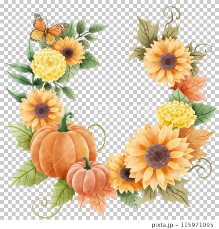 Watercolor Hand drawn illustration Rustic watercolor autumn pumpkin sunflower marigold flowers maple foliage fall wreath Arrangement. 115971095