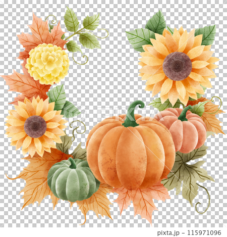 Watercolor Hand drawn illustration Rustic watercolor autumn pumpkin sunflower marigold flowers maple foliage fall wreath Arrangement. Watercolor Hand drawn illustration Rustic watercolor autumn pumpkin sunflower marigold flowers maple foliage fall wreath Arrangement. 115971096