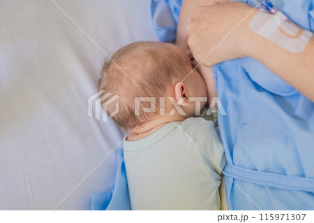 A mom breastfeeds her newborn baby in the hospital. The intimate moment fosters bonding between mother and child, promoting emotional connection and providing essential nourishment for the baby's well 115971307