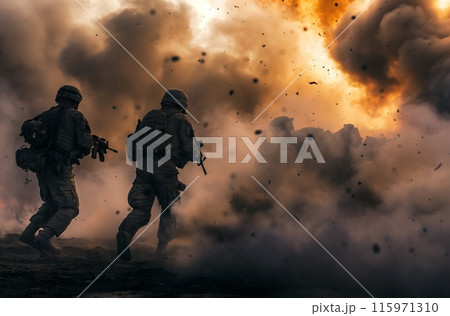 Soldiers in action amid explosion Soldiers in action amid explosion 115971310