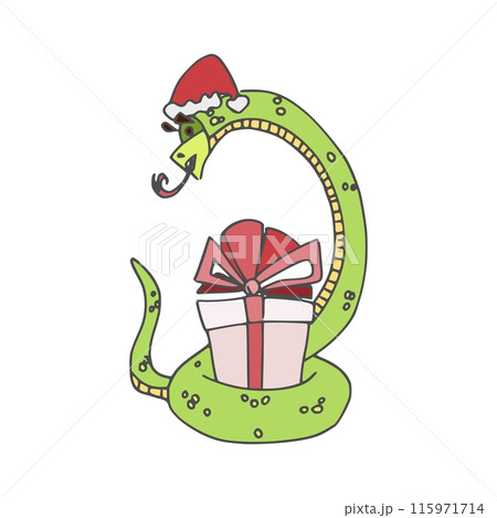 snake with a gift and a New Year's hat character 115971714