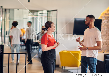 Young business colleagues, including an African American businessman, engage in a conversation about business issues in the hallway of a modern startup coworking center, exemplifying dynamic problem 115971796