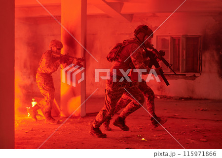 A group of professional soldiers bravely executes a dangerous rescue mission, surrounded by fire in a perilous building. A group of professional soldiers bravely executes a dangerous rescue mission, surrounded by fire in a perilous building. 115971866