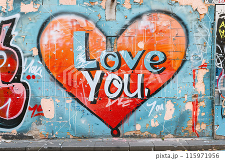 Colorful love graffiti art on urban wall, street art concept 115971956