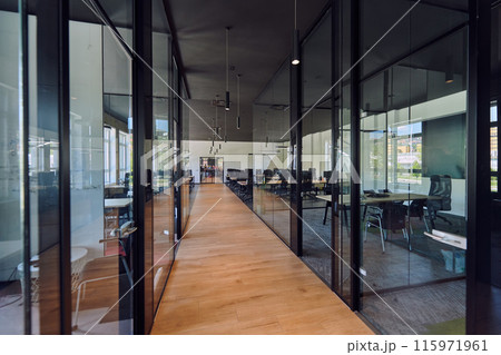In a setting of modern, glass-walled business startup offices, the open, airy workspace reflects a contemporary and innovative ambiance, promising a dynamic environment for entrepreneurial growth In a setting of modern, glass-walled business startup offices, the open, airy workspace reflects a contemporary and innovative ambiance, promising a dynamic environment for entrepreneurial growth 115971961