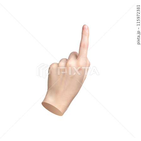 Finger pointing gesture. Tap, click with index finger to indicate. Hand sign, pick, close up. 115972381