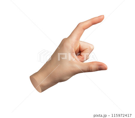 Hand holding gesture Two fingers showing something big, measure size Isolated on white background 115972417