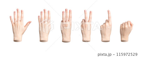 Countdown hand gesture. Finger showing from five to till one, zero. Counting numbers, isolated sign. 115972529