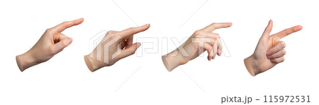 Finger pointing, pointer sign. Gesture with index indicating. Hand showing, touch, tap, click. Finger pointing, pointer sign. Gesture with index indicating. Hand showing, touch, tap, click. 115972531
