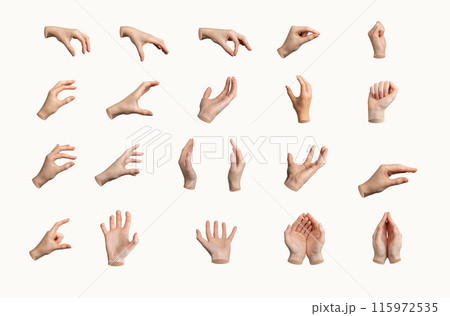 Hand gesture set, various signs. White background, isolated different arm positions. Palm, fist 115972535