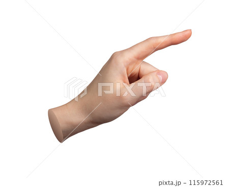 Hand gesture with pointing finger, indicating sign. Index finger, pointer isolated on white 115972561