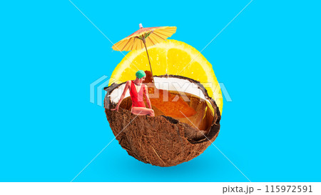 Woman in red swimsuit and green cap sitting inside coconut filled with juice, lemon slice and umbrella, against blue background. Contemporary art collage. Woman in red swimsuit and green cap sitting inside coconut filled with juice, lemon slice and umbrella, against blue background. Contemporary art collage. 115972591