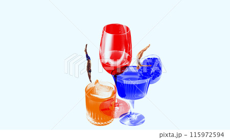 Man and woman in swimwear diving into glasses with cocktails against white background. Start of weekends and leisure. Contemporary art collage. 115972594
