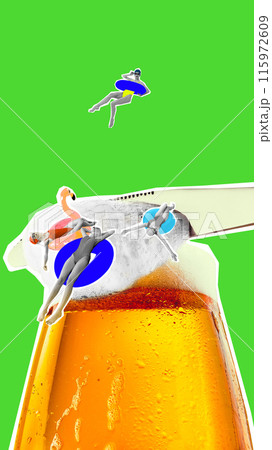 Black and white image of young girls in swimsuits and floating circles swimming on foam of lager beer against green background. Contemporary art collage. Black and white image of young girls in swimsuits and floating circles swimming on foam of lager beer against green background. Contemporary art collage. 115972609