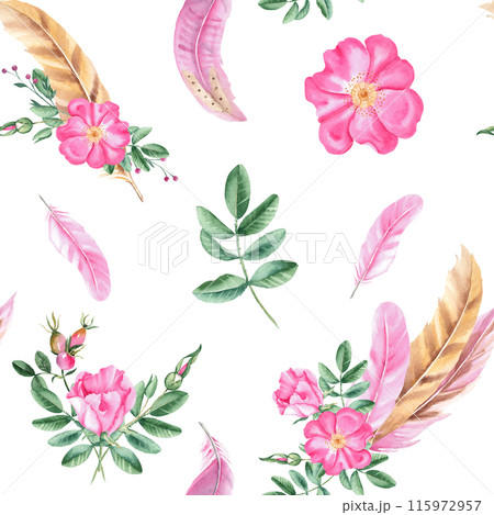 Watercolor romantic Seamless Pattern with Dog rose and pink and beige Feathers on white background. Hand drawn illustration. Can be used for fabric, textile and packaging prints. Watercolor romantic Seamless Pattern with Dog rose and pink and beige Feathers on white background. Hand drawn illustration. Can be used for fabric, textile and packaging prints. 115972957