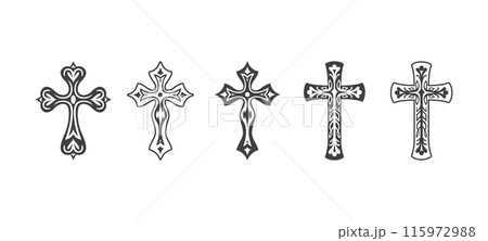 Flat Vector Black Christian Cross Icons Set Isolated on a White Background. Line Silhouette Cut Out Christian Crosses Collection Flat Vector Black Christian Cross Icons Set Isolated on a White Background. Line Silhouette Cut Out Christian Crosses Collection 115972988