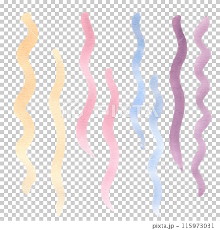 Wavy lines in a gradient of soft colors in watercolor hand drawn. Lines painted in shades of peach, pink, blue, and lavender for creating marine pattern. Set of curly lines for nautical ornate 115973031