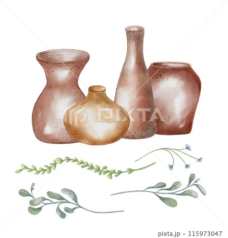 Set of pottery in a row and plant elements in pastel tone. Tall jug and wide vase in watercolor illustration isolated. Leaves and clay dishes hand drawn. For ceramics workshop, school, modeling Set of pottery in a row and plant elements in pastel tone. Tall jug and wide vase in watercolor illustration isolated. Leaves and clay dishes hand drawn. For ceramics workshop, school, modeling 115973047