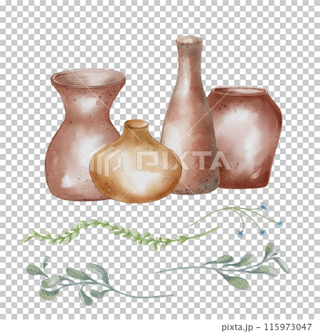 Set of pottery in a row and plant elements in pastel tone. Tall jug and wide vase in watercolor illustration isolated. Leaves and clay dishes hand drawn. For ceramics workshop, school, modeling Set of pottery in a row and plant elements in pastel tone. Tall jug and wide vase in watercolor illustration isolated. Leaves and clay dishes hand drawn. For ceramics workshop, school, modeling 115973047