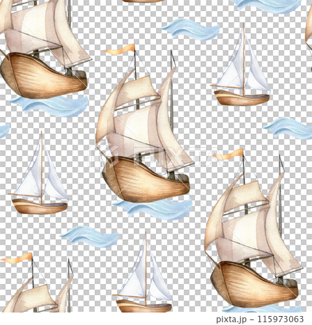Various boats, sailboats on sea waves hand drawn watercolor for seamless nautical pattern. Maritime design textile with sail vessel. Nautical background with sailing ship for packaging, print Various boats, sailboats on sea waves hand drawn watercolor for seamless nautical pattern. Maritime design textile with sail vessel. Nautical background with sailing ship for packaging, print 115973063