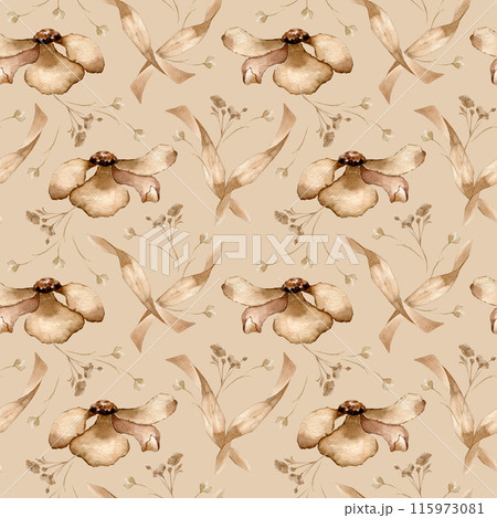 Beige flowers and leaves watercolor monochrome seamless pattern. Floral camel colors background isolated on white. Sepia tones plants for design textile, packaging. Pastel tone print for fabric 115973081