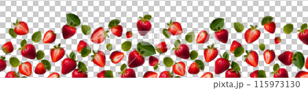 Ripe strawberries with green leaves without background. Strawberry background. 115973130
