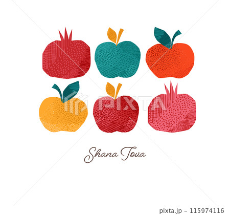 Rosh Hashanah, Rosh Hashana, Jewish New Year. Hand Drawn illustrations, vector design. Apples and 115974116