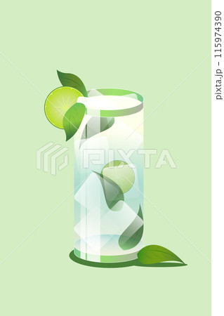 Mojito cocktail in tall glass with ice cubes, garnished with lime slices and mint leaves against light green background. Vector illustration. Creative design. 115974390