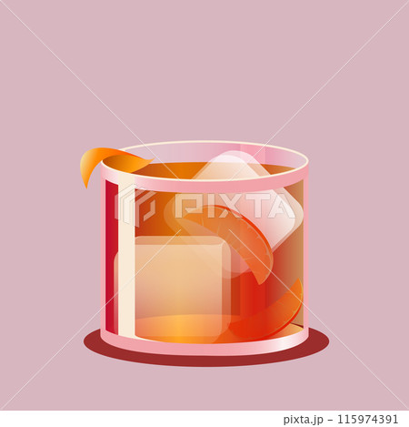 Negroni cocktail in glass with ice cubes, garnished with orange twist and slice against pink background. Vector illustration. Creative design. 115974391