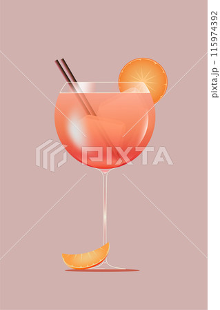 Aperol Spritz cocktail in balloon glass, garnished with orange slice and two straws against pink background. Vector illustration. Creative design. 115974392