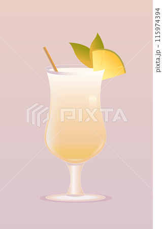 Pina Colada cocktail garnished with pineapple slice and green leaf against pink background. Vector illustration. Creative design. 115974394