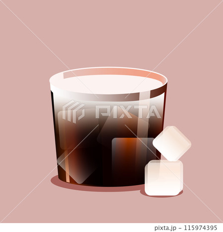 Black Russian cocktail in glass filled with ice cubes on soft pink background. Vector illustration. Creative design. 115974395