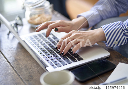 hands and fingers of an asian woman working from home using notebook computer hands and fingers of an asian woman working from home using notebook computer 115974426