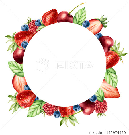 Frame, logo with strawberry, raspberry, cherry and blueberry. Hand painting sweet watercolor illustration isolated on background. For designers, menu, shop, decoration, restaurant, for postcards, 115974430