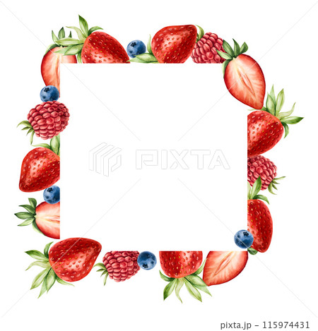 Frame, logo with strawberry, raspberry, cherry and blueberry. Hand painting sweet watercolor illustration isolated on background. For designers, menu, shop, decoration, restaurant, for postcards, Frame, logo with strawberry, raspberry, cherry and blueberry. Hand painting sweet watercolor illustration isolated on background. For designers, menu, shop, decoration, restaurant, for postcards, 115974431
