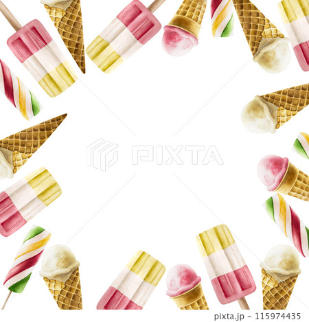 Frame with Ice cream in crispy waffle cone, lolly with strawberry, mint, vanilla, raspberry. Hand painting fruit popsicle watercolor illustration isolated on background. For designers, menu, shop, Frame with Ice cream in crispy waffle cone, lolly with strawberry, mint, vanilla, raspberry. Hand painting fruit popsicle watercolor illustration isolated on background. For designers, menu, shop, 115974435