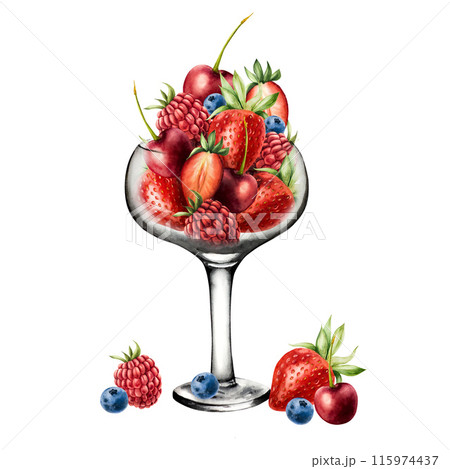 Glass bowl full of strawberry, raspberry, cherry and blueberry. Hand painting sweet watercolor illustration isolated on background. For designers, menu, shop, decoration, restaurant, for postcards, 115974437
