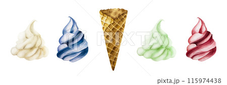 Strawberry, raspberry, mint, pistachio, apple, milk, vanilla ice cream and crispy waffle cone. Hand painting sweet watercolor illustration isolated on background. For designers, menu, shop, 115974438