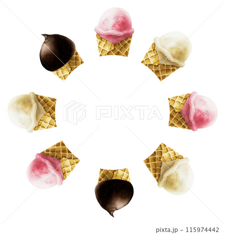 Frame, logo with ice cream. Strawberry, raspberry, milk, chocolate, vanilla in crispy waffle cone. Hand painting sweet watercolor illustration isolated on background. For designers, menu, shop, 115974442