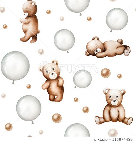 Seamless pattern with cute cartoon teddy bears, silver and brown foil balloons. Hand drawn watercolor baby illustration isolated on background. Lovely toy for baby and kids new born celebration, Seamless pattern with cute cartoon teddy bears, silver and brown foil balloons. Hand drawn watercolor baby illustration isolated on background. Lovely toy for baby and kids new born celebration, 115974459