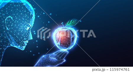 Machine learning, intelligent technology futuristic concept. AI head gazes at hand holding apple. Machine learning, intelligent technology futuristic concept. AI head gazes at hand holding apple. 115974761
