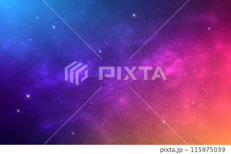 Galaxy background. Color outer space. Glowing universe with bright stars. Fantasy milky way. Violet nebula and constellations. Deep space wallpaper. Vector illustration 115975039