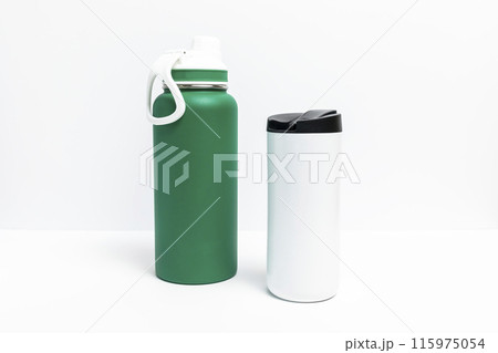 Isolated Reusable Sport Green and Water Bottles, Protein Shaker On White Background. Tumbler, Product Template. Travel Mug Horizontal Plane. Isolated Reusable Sport Green and Water Bottles, Protein Shaker On White Background. Tumbler, Product Template. Travel Mug Horizontal Plane. 115975054