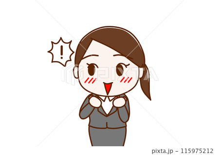 （上半身正面）驚いてほほを染めながらワクワク興奮して喜ぶスーツ姿の女性 115975212