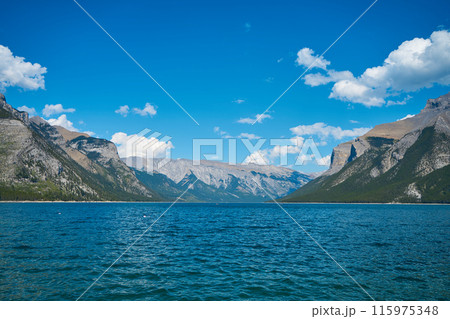 Incredible majestic mountains against the background of the beautiful turquoise Lake Minewanka in Banff National Park in Canada 115975348