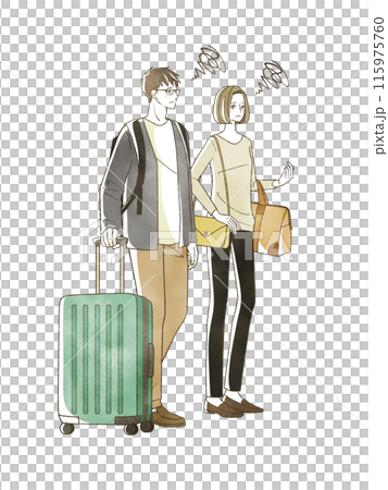 困った表情で旅行をする男女 115975760