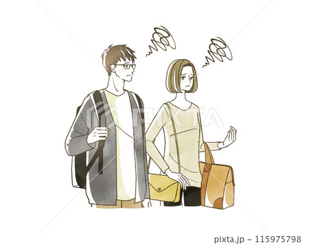 困った表情で旅行をする男女 困った表情で旅行をする男女 115975798